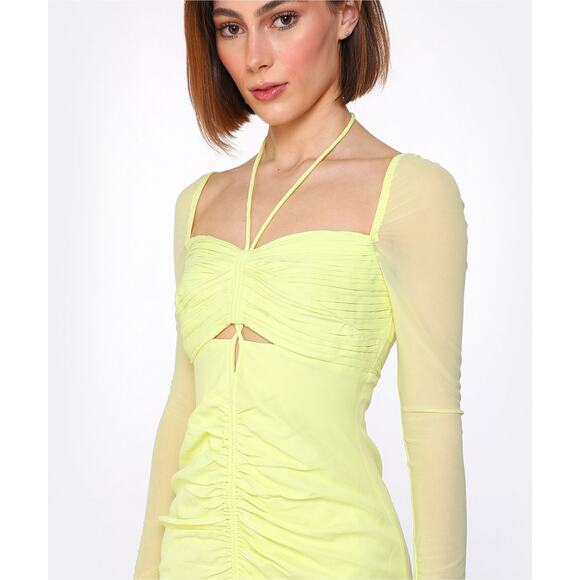 Self-Portrait Lime Cutout Ruched Mini Dress Long Sleeve Mesh Size 4 Preowned - Picture 2 of 15